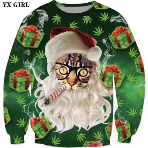 YX GIRL 2018 New style Hoodie Ugly Christmas Sweatshirt With Cat Smoking Santa 3d Print Mens Womens casual Crewneck Pullover