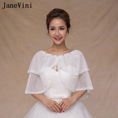 JaneVini 2018 Vintage Lace Edge Wedding Jackets Women Short Cloak Shrugs Beaded Bridal Capes Wraps Party Wedding Shawl White
