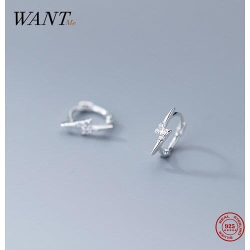 WANTME 925 Sterling Silver Chic Pave CZ Zircon Lightning Mini Small Ear Buckle Earrings for Women Teen Unique Party Jewelry Gift