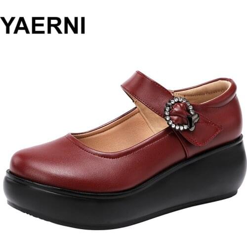 YAERNI 2020 spring autumn leather women fashion high heels wedge pumps black color woman platform shoes big size 33-43