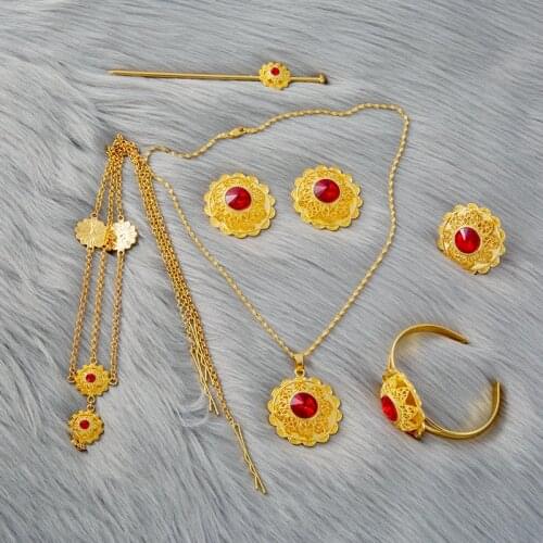 Red Flower Dubai Jewelry Sets Dubai Gold Pendant Chain Earrings Ring for Women Ethiopian Eritrea Africa Habesha Bridal Gifts