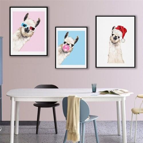 Funny Bubble Gum Llama Animal Canvas Painting Pink Blue Colorful Child Poster Wall Art Picture Nordic Nursery Baby Bedroom Decor