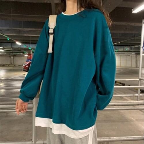 Women Autumn Fashion Blouse Plus Size 2XL Fake Two Piece Sweatshirt Long Sleeve Oversized Pullover Warm Clothes For Female