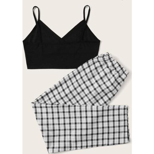 Women Pajamas Sets Sexy Sleeveless Suspender Blouse And Plaid Pants 2Piece Casual set Tanks Top Femme Sleepwear spodenki damskie