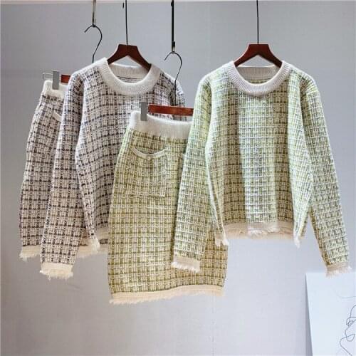 2020 Autumn Knitted O-Neck Two Pieces Women Warm Sweater And Pullovers With Skirt Tricot Pull Femme