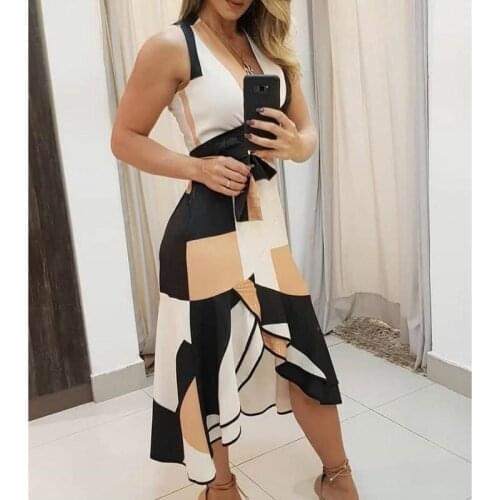 Women Sleeveless V-Neck Boho Printed Midi Dress Summer Fashion High Street Club Dress Plus Size