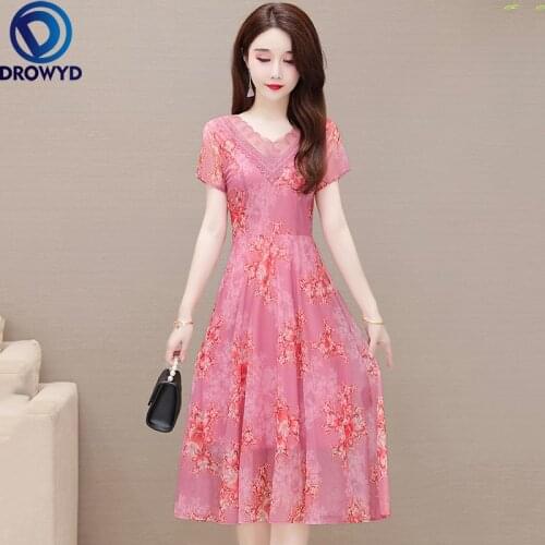 Summer Short Sleeve V-Neck Dress 2021 New Women Knee-Length A-Line High Waist Slim Floral Print Pink Midi Dresses Party Vestidos