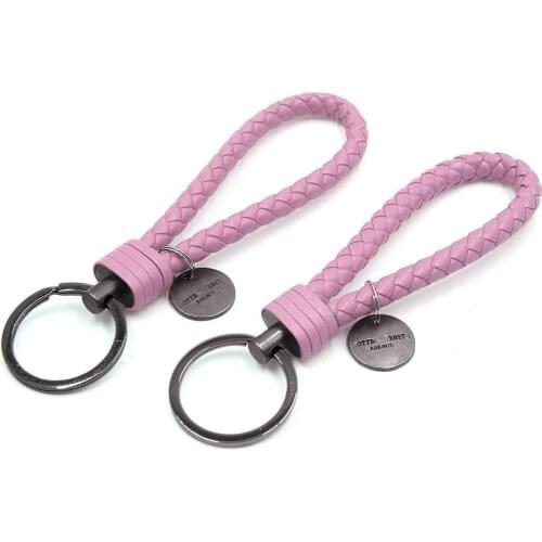 Uxcell 2pcs Pink Weave Faux Leather Rope Design Pendant Key Ring Keychain for Home Car