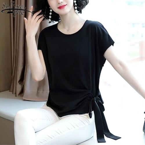 2021 Blusas Mujer De Moda Summer Silk Short-Sleeved Womens Blouse and Tops Office Lady Plus Size Solid Bow Shirts Women 9899