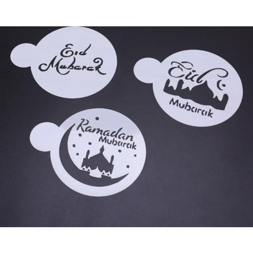 3pcs PET Mosque Eid Mubarak Ramadan Design Coffee Stencils cake decoration tool Retailsale