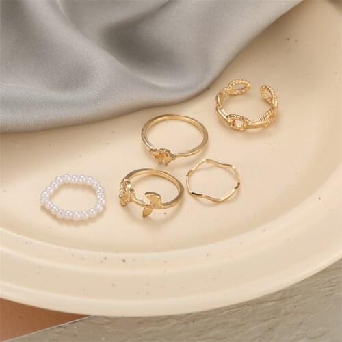 5 PCS Fashion Gold Color Butterfly Flower Chain Rings Set For Women Pearl Ethnic Punk Geometric Knuckle Finger Midi Ring Set