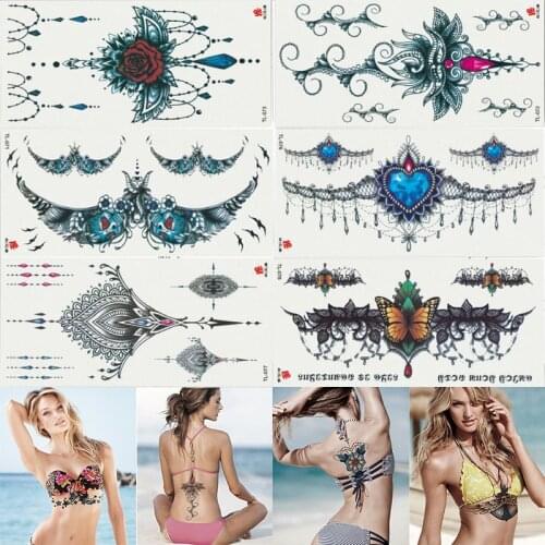 （6sheets）Beautiful Design Waterproof Under Breast Tattoo, Ornamental Temporary Metal Tattoo, Sexy Women Tattoo