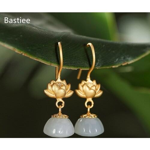 Bastiee Silver 925 Jewelry 925 Sterling Silver Earrings Dangle Earrings Vintage Korean Earrings Golden Plated Jade Silver
