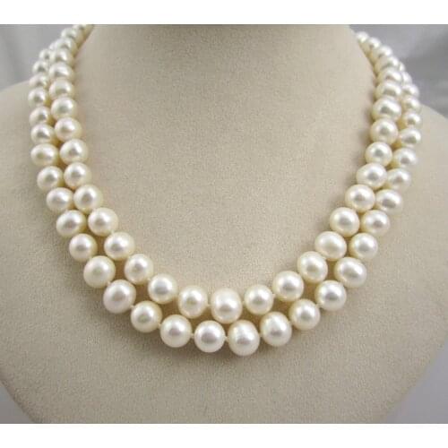 Free Shipping White Freshwater Pearl Necklace Double Strands 8-9MM Nearround Real Pearls