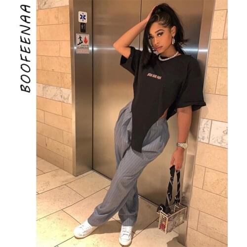 BOOFEENAA Streetwear Letter Graphic T Shirts Y2k Clothes Crop Top Women Oversized Black Tees Alternative Clothing C85-BC14
