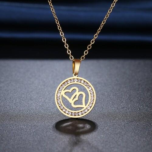 CACANA 316L Stainless Steel Elegant Twin Heart Shape Necklace NEW Crystal Rhinestone Jewelry For Women Wedding Valentines Day