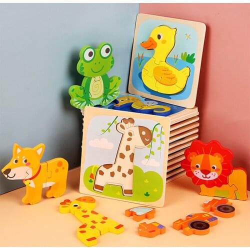 Cartoon Animal Wooden 3D Puzzle Baby Montessori Toys Toddlers Educational Traffic Jigsaw Puzzle Set For 1 2 3 Year Old Boys Girl