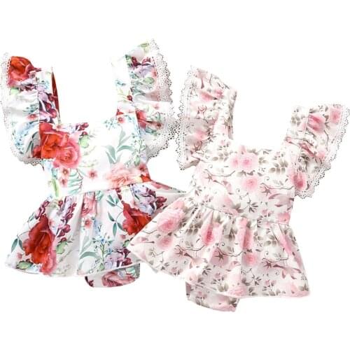 Newborn Baby Romper Sweet Style Girls Floral Printing Lace Fly Sleeve Splicing Skirt Suspender Jumpsuit Summer Clothing 0-24M