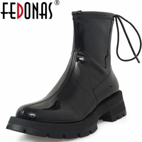 FEDONAS Autumn Winter 2021 Women Fashion Ankle Boots Cross-Tied Genuine Leather Thick Heels Working Casual Platforms Shoes Woman