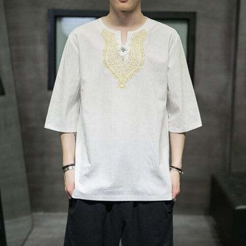 Linen T Shirt MenS 2021 Summer White Black Tshirt Top Tees Chinese Fashion Clothes Oversize Tshirt Han Fu Tops 30783