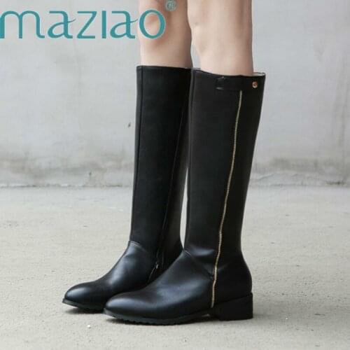 Hot Sale New Fashion Soft Pu Leather Med Heels Knee High Boots Zipper Boats Women Motorcycle Boots Autumn Winter Shoes MAZIAO