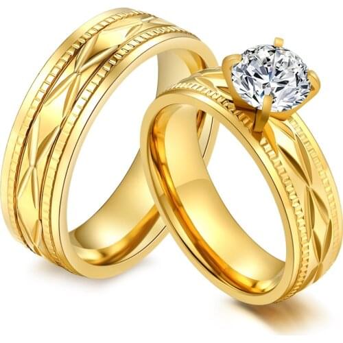 Classic Couple Rings for Women Men Gold Color Stainless Steel Anti Allergy Solitaire Wedding Bands Anniversary Rings R00106