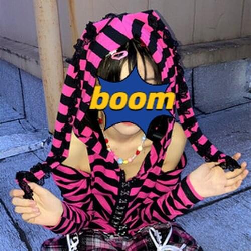 Kawaii Pink Black Striped Hoodie Japanese Harajuku Girl Sweet Print T-shirts Long Sleeve Women Cute Rabbit Ears Hooded Tops Goth