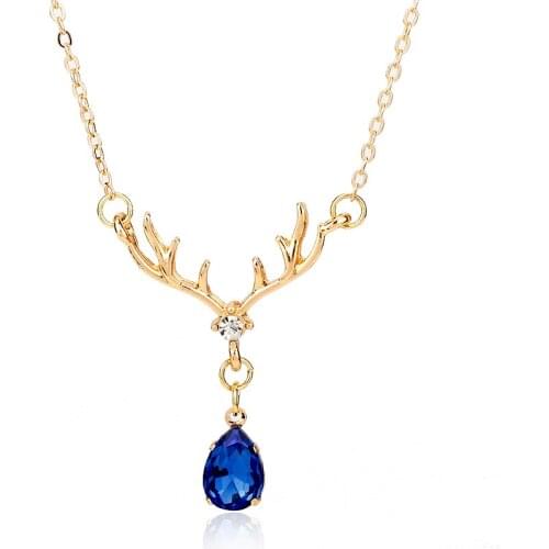 MQCHUN Fashion Jewelry Antlers Deer Head Elk Reindeer Blue Crystal Animal Antler Chain Necklace Jewelry For Women Girls -30