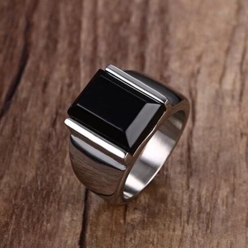 Mens Big Black Stone Ring Punk Gothic Rings for Male Stainless Steel Engagement Statement Jewelry US Size