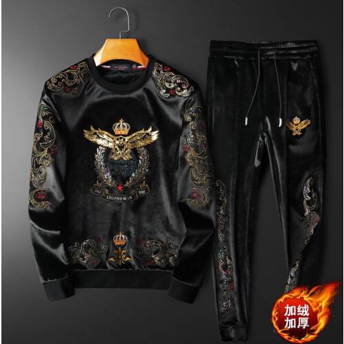 2021 winter plus velvet mens round neck casual suit high-end embroidery crown eagle padded two-piece set