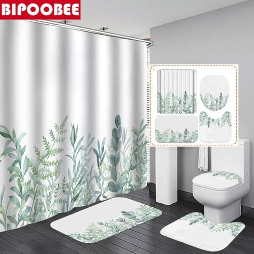 White and Green Plants Fabric Shower Curtain Set Bath Mats Rugs Toilet Cover Durable Waterproof Decorative Curtains for Bathroom