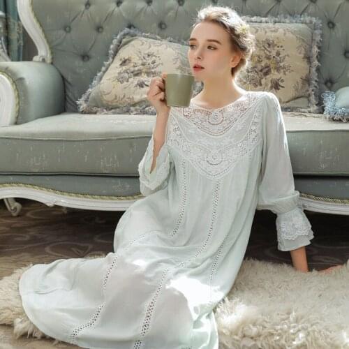 2020 Autumn New Women Cotton Sexy Long Sleeve Nightgowns Lace Sweet Princess Nightdress Retro Elegant Loose Sleepwear Home Dress