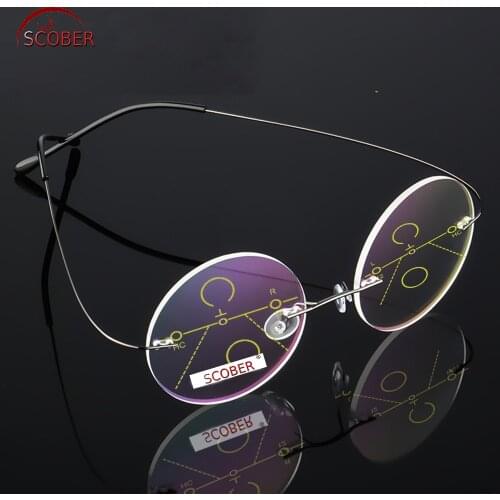= SCOBER = Rimless Ultra-light Round Progressive Multifocal Reading Glasses MEN TITANIUM ALLOY See Near And Far ADD +1 To +4