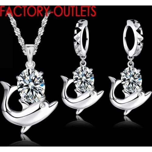 925 Sterling Silver Cute Design Dolphin Shape Pendant Necklace Earrings Sets Austrian Cubic Zirconia Female Party Engagement