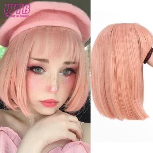 WTB Short Bob Wigs with Bangs for Women Synthetic Straight Lolita Wigs Black Pink Ombre Party Daily Use Hair Wigs