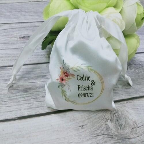 Personalized Wedding Candy Bags Custom White Satin Bag Jewelry Bag Logo Silk Bag Muslin Bag Drawstring Pouch Bag Bulk - 50pcs