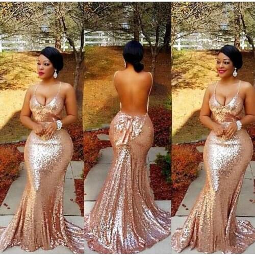 Rose Gold Mermaid Prom Dresses Sexy Open Backless Sequins Evening Dresses Stylish Plus Size Evening Gowns Formal Party Dress