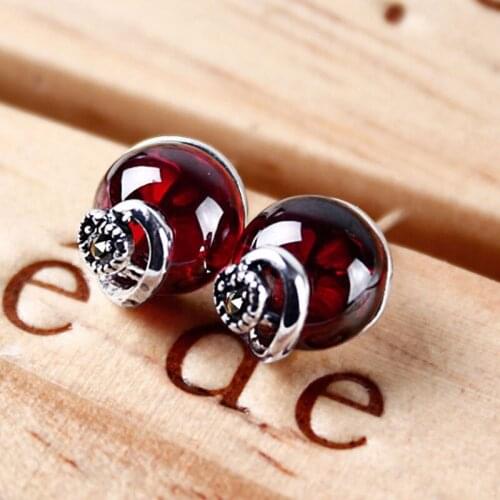 ZHJIASHUN Vintage 100% 925 Sterling Silve Ball Precious Stone Stud Earrings Red Retro For Women Earring Fine Jewelry
