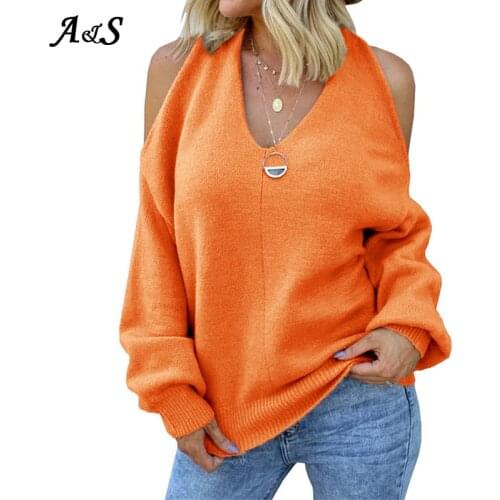 Anbenser V Neck Off Shoulder Sweater For Women Streetwear Fashion Lantern Sleeve Casual Solid Knit Pullover Female Cross Sweater