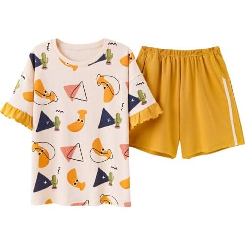 Women Sweet Princess Ruffle Short Sleeve Nightwear Summer Sleepwear Pajamas Set Funny Banana Cartoon Home Suit Cotton Plus Size