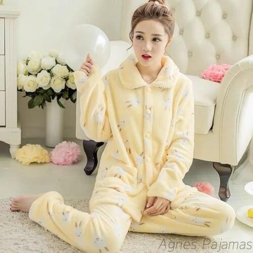 Womens Pajamas Winter Flannel Sleepwear Yellow Pajamas Lapel Cardigan Long Sleeve Cartoon Warm Pyjamas Sleep Tops Pajamas