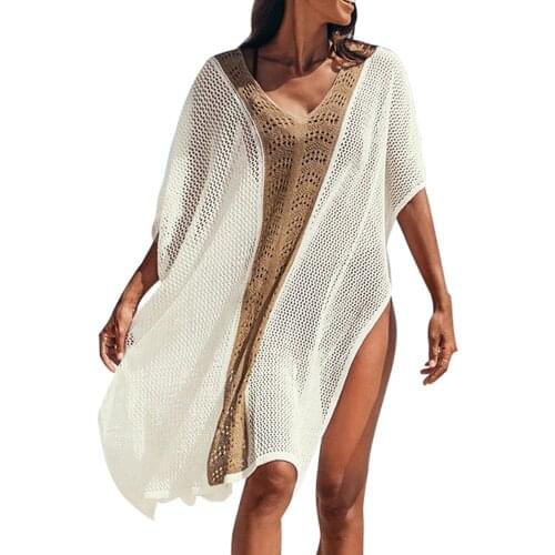 HEZIOWYUN Women Hollow-out Bikini Cover Ups Contrast Color See-through Side Split Dress for Summer