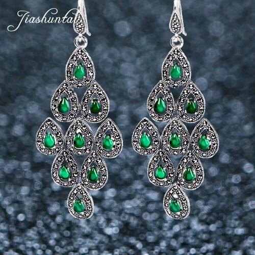 JIASHUNTAI Vintage Natural Chalcedony Garnet Peacock Earrings Retro 100% Sterling Silver Earring Fine Jewelry For Women