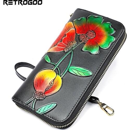 RETROGOO Genuine Leather Flower Womens Wallet Female Long Wallets Women Cartera Lady Clutch Money Bag Girls Coin Purse Carteira