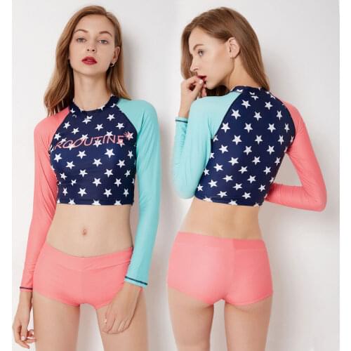 Womens Long Sleeve Crop Top Rash Guard Two Piece Swimsuits with Boyshorts Strar Printed Sun UV Protection Surfing Swimming Suit