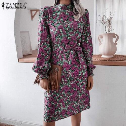 2021 ZANZEA Women Autumn Floral Printed Dress Vintage Long Lantern Sleeve Sundress Casual Elegant Stand Collar Midi Vestidos