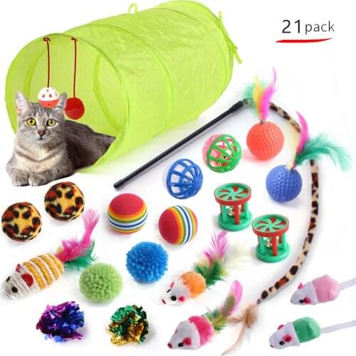 21pcs Cat Toys Kitten Toys Assortments 2 Way Tunnel Cat Feather Teaser Wand Interactive Feather Toy Fluffy Mouse Crinkle Balls