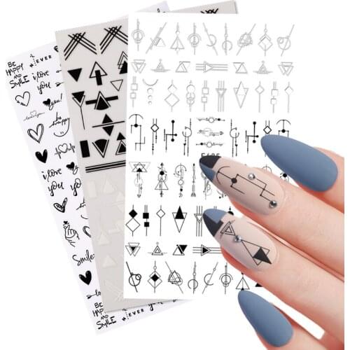 3D Black White Nail Art Stickers Geometric Artistics Line Transfer Sliders Abstract Face Leaf Flower Nail Decal Manicures Foils