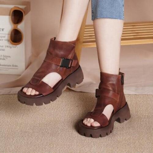Retro Shoes Women Sandals 2021 Summer Female Genuine Leather Boots Zip Handmade Concise Sewing Leisure Platform Ladies Sandals