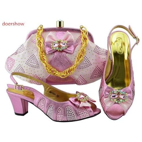 Doershow pink Color African Woman Shoes And Bag Set Decorated With Rhinestone Nigerian Party Shoes And Bag Set SFG1-10